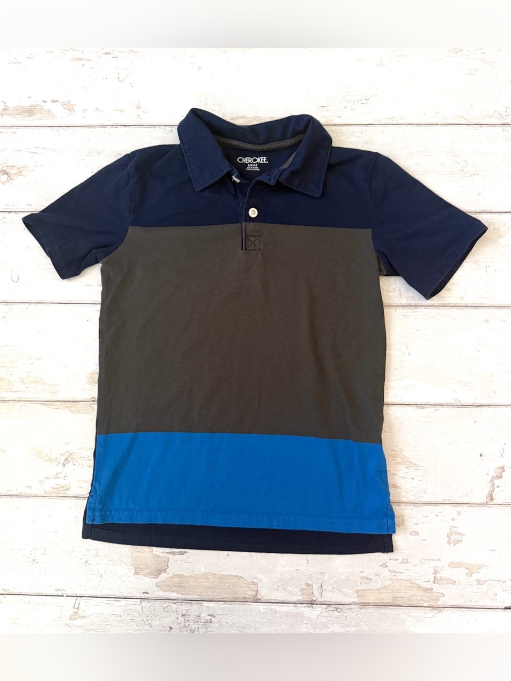 Cherokee 6/7 Boys Blue Striped Polo Shirt Short Sleeves Kids Size 6 7